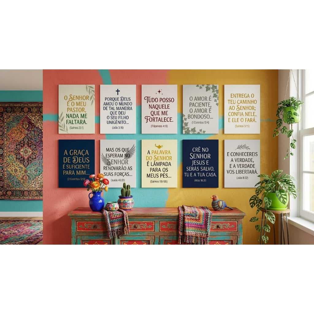 Kit 10 Quadros Decorativo Frases Bíblicas Versículos Decoração Religiosa