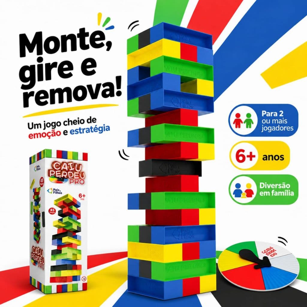 Jogo Caiu Perdeu Pro Pais & Filhos 45 Peças Torre de Equilíbrio Educativo Pais & Filhos com Disco Giratório