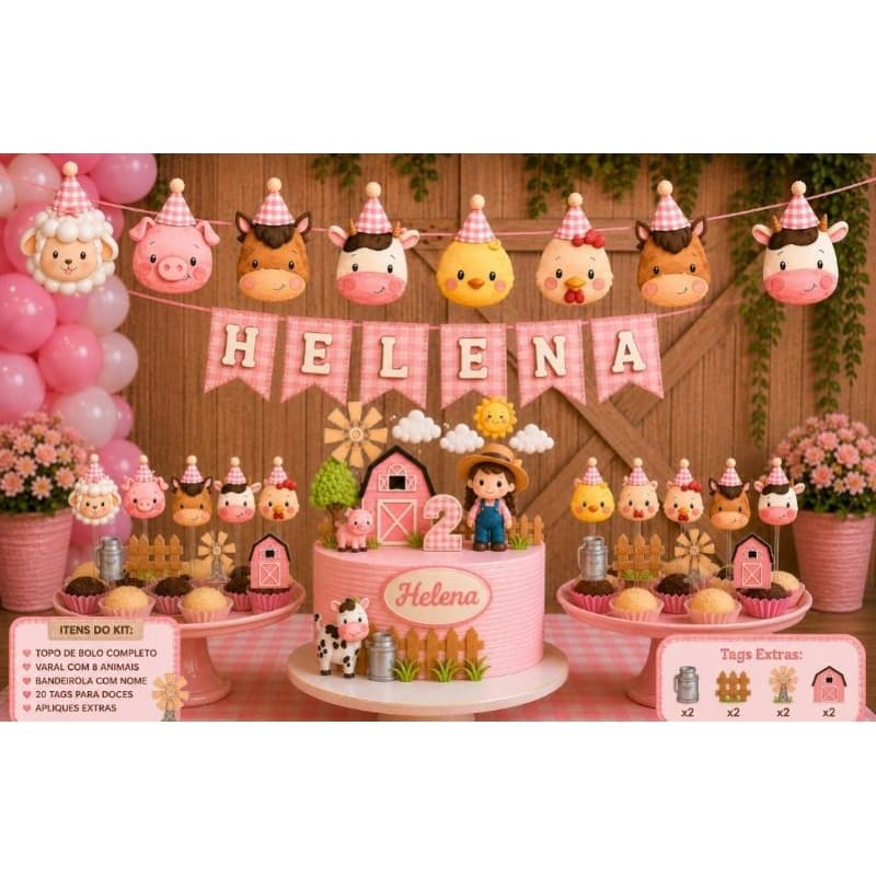 Kit Só Um Bolinho Fazendinha Menina Personalizado Topo de Bolo Varal + 20 Tags Festa Infantil Premium