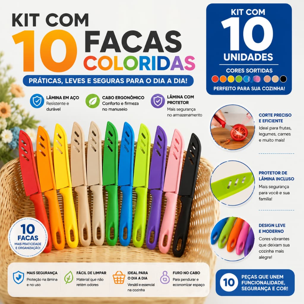 Kit 10 Facas Coloridas  20cm Jogo De Cozinha Aço Inoxidável Faqueiro Frutas Legumes