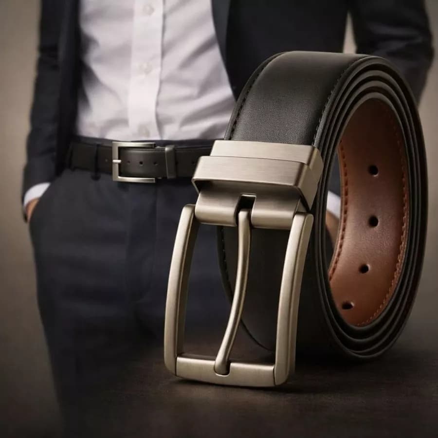 Cinto Masculino Fivela Giratória Dupla Face Couro Reversível Confortável Ideal para Trabalho e Passeio
