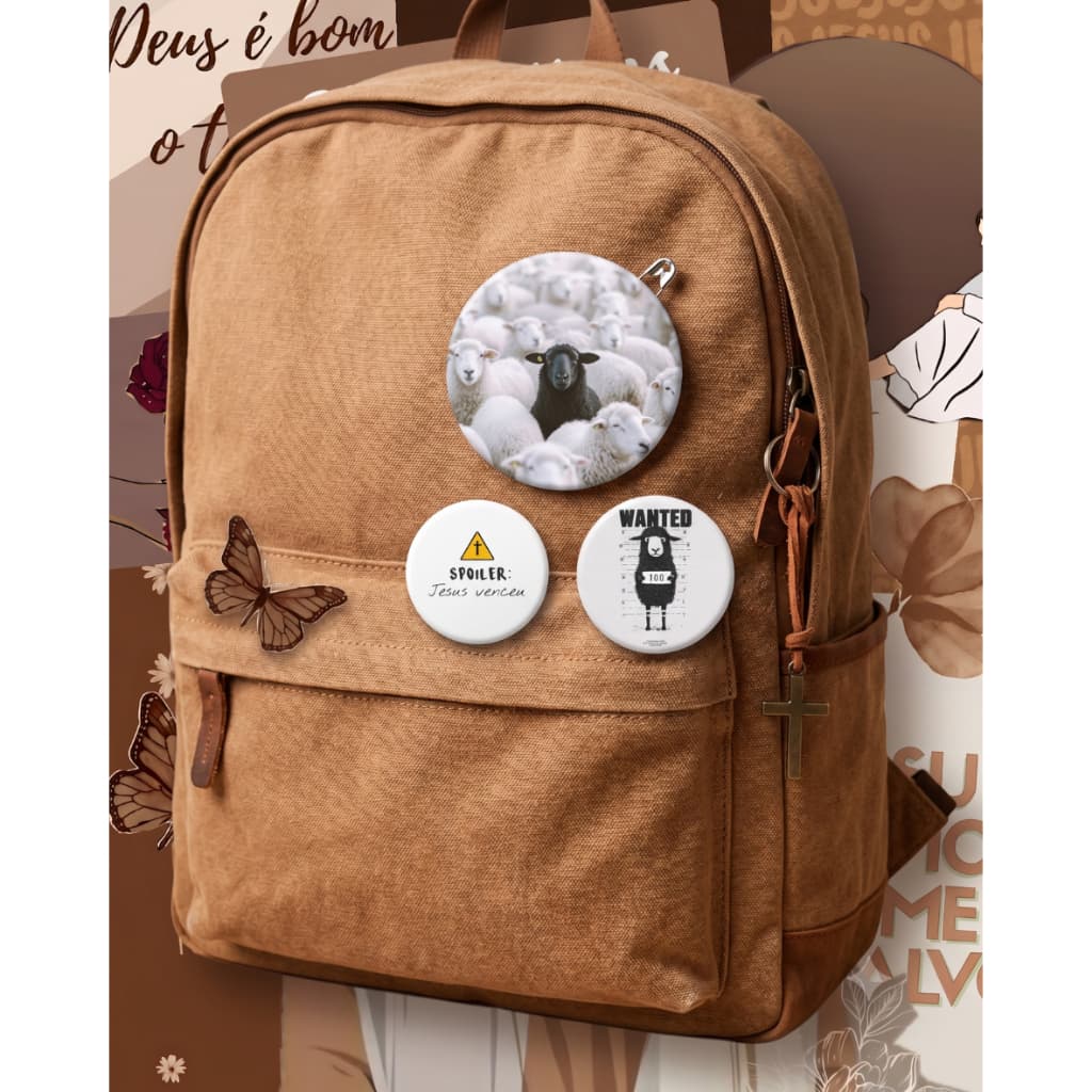 Kit 3 Bottons Cristãos Jesus Venceu Broches Religiosos P/ Mochila (1x 55mm + 2x 32mm)