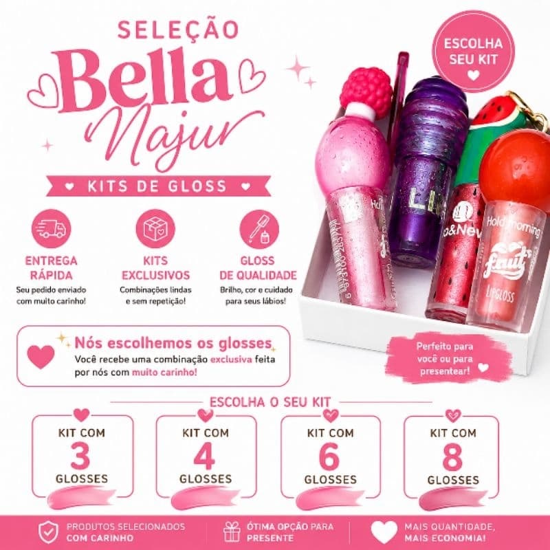 Seleção Bella Naju Kit de Gloss Surpresa combinação Exclusiva 2, 3,4,6 ou 8 Unidades glos frutinha gloss chaveiro brilho
