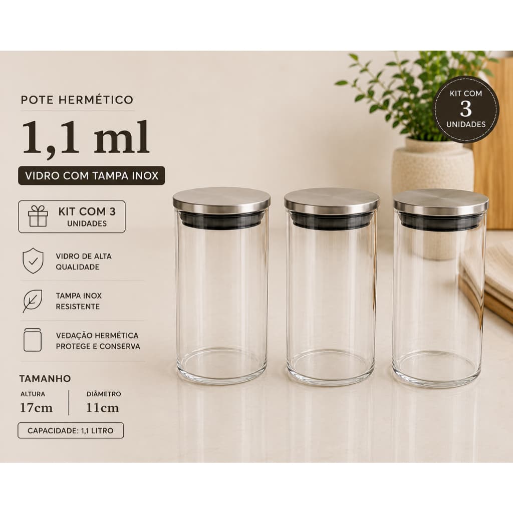 Kit 3 Potes Vidro Hermético Tampa Inox Café Arroz Feijão Mantimentos Cozinha guardar comida
