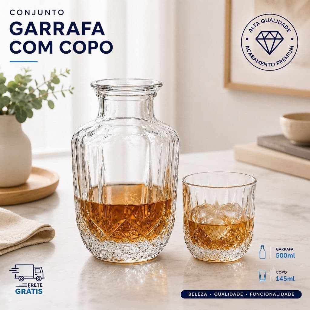 Garrafa de Vidro Moringa 500ml Elegante Com Copo Tampa 145ml Whisky Água Suco 3, 2 ou 1 Unidade