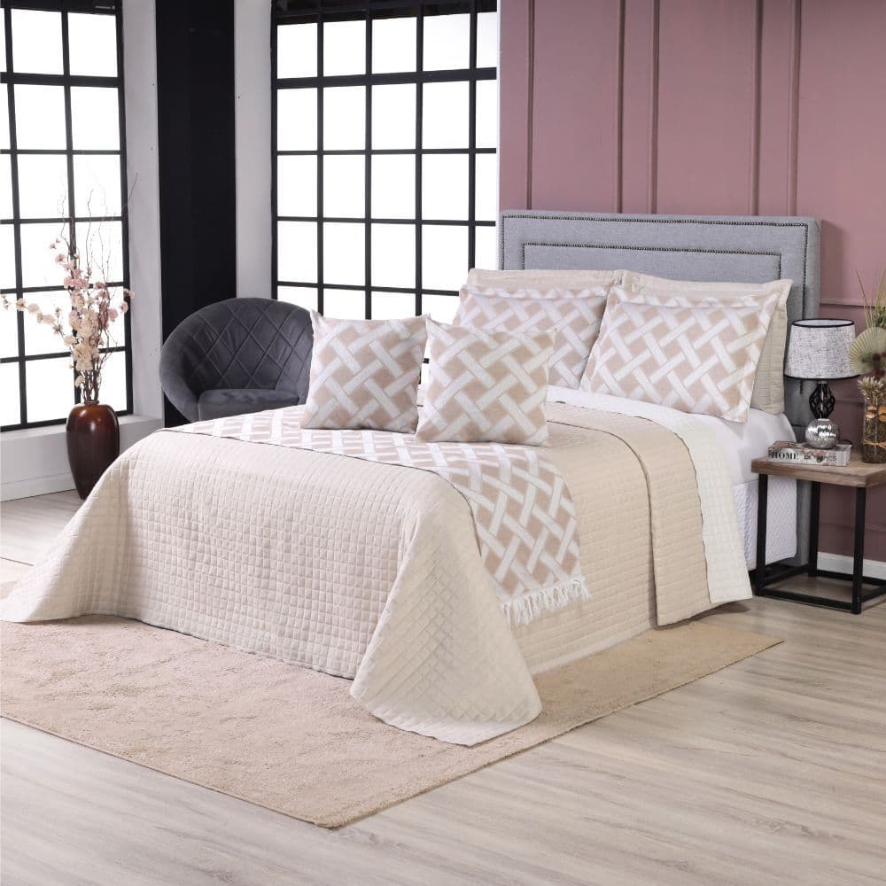 Kit Colcha Cobre Leito Franja Thaeme Casal Queen 6 Peças Mateladado Ultrassônico Sem Enchimento