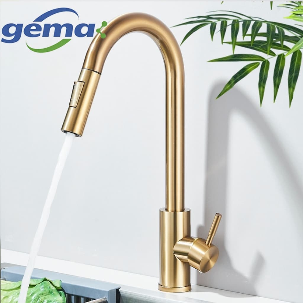 Torneira Cozinha Bancada Gourmet Extensível Misturador Inox Cor Ouro escovado Flexível Misturador