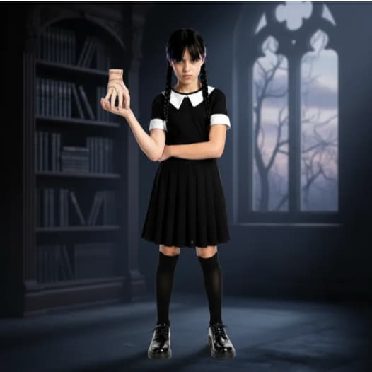Fantasia Vestido Vandinha Addams + Brinquedo Maozinha Emborrachada