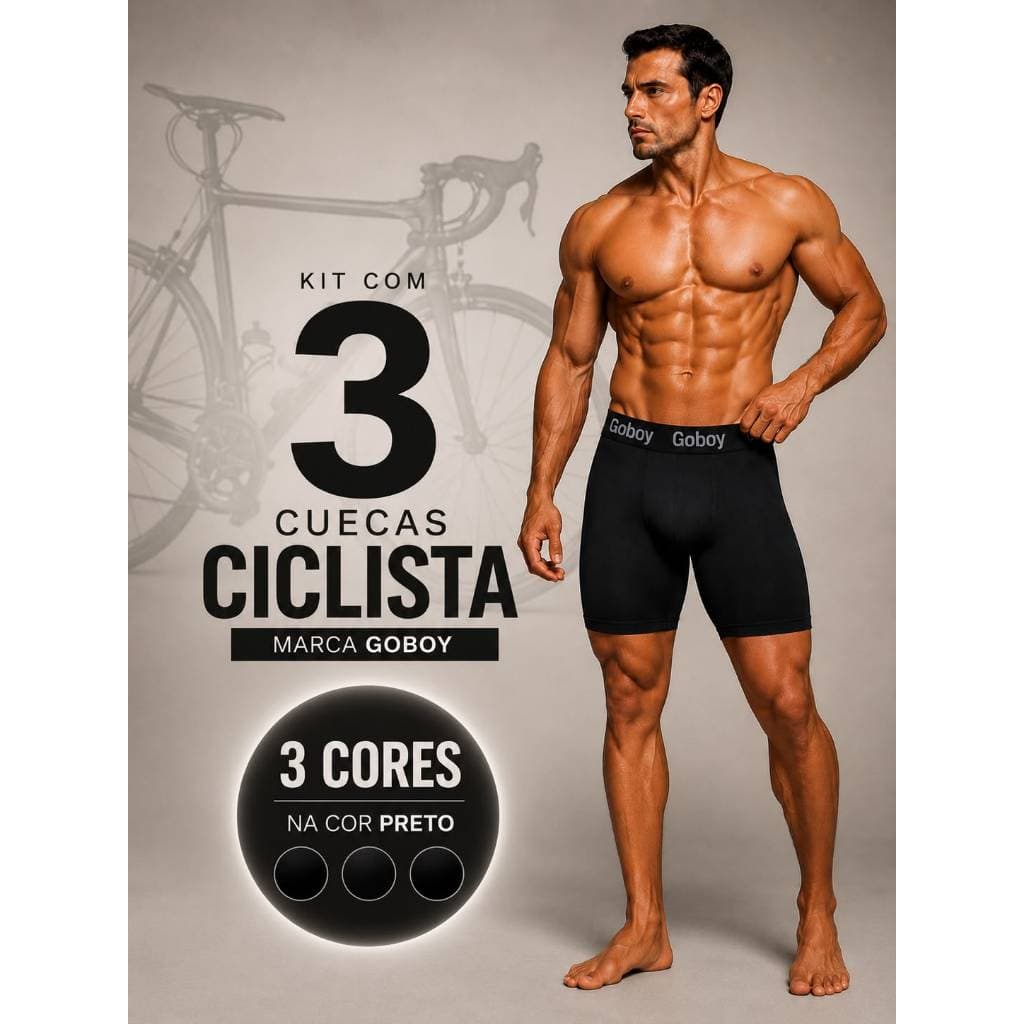 Kit com 3 Cuecas Boxer Ciclista Cor Preto Cueca Box Adulto em Microfibra Lisa