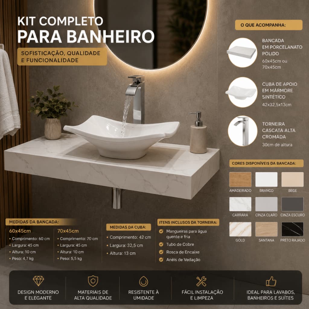 KIT Bancada c/ Cuba e Torneira Porcelanato p/ Banheiro 60x45 70x45 Super Oferta Envio Rápido