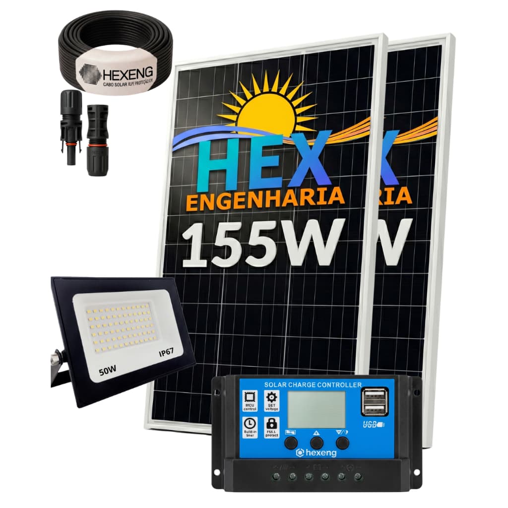 Kit 2 Painel Solar 155w Offgrid Osda + Controlador solar 30a + Refletor 50W + cabos e conectores sistema offgrid