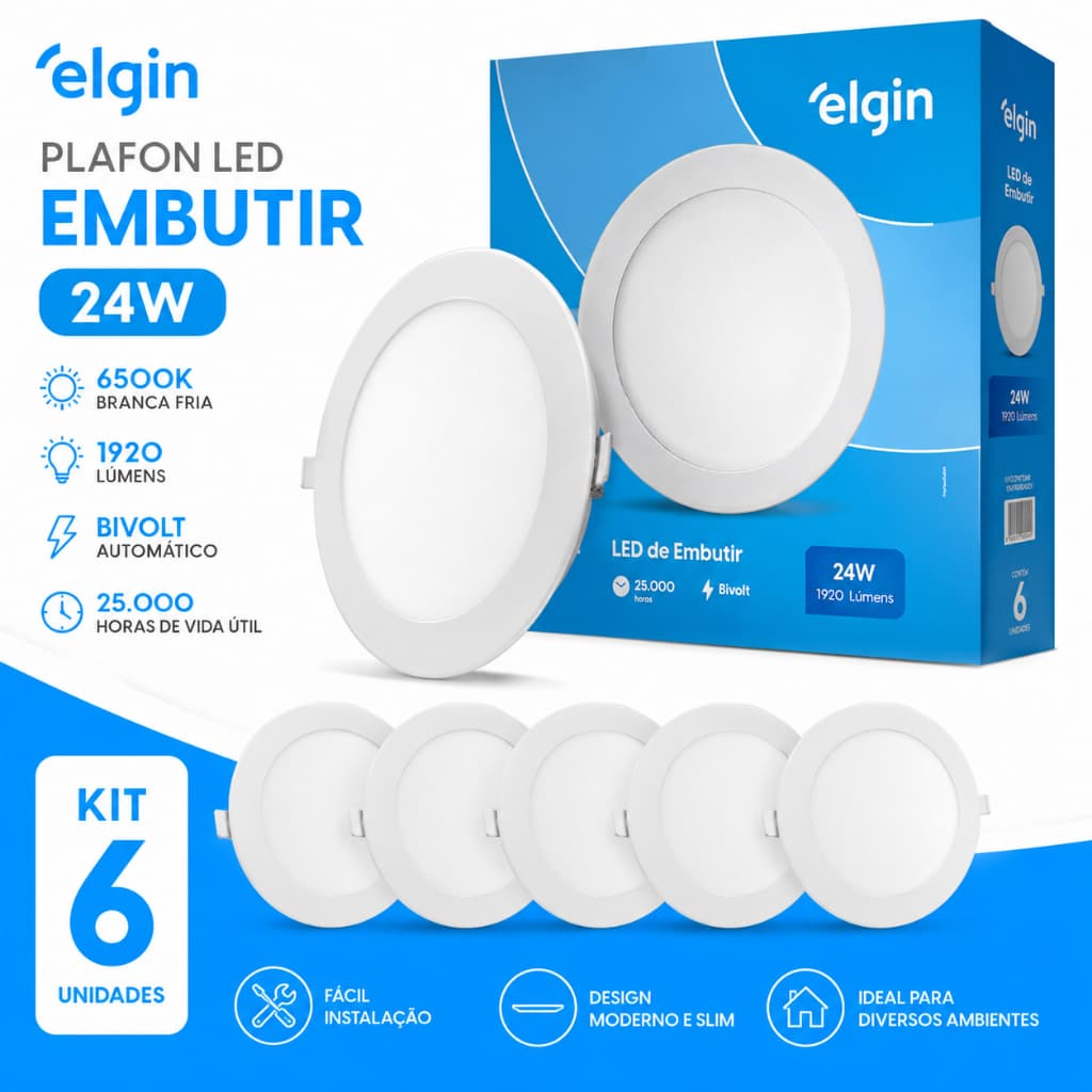Luminária Plafon LED Embutir 24W 1920lm 6500K Branca Fria Bivolt Elgin - Caixa com 6 Unidades