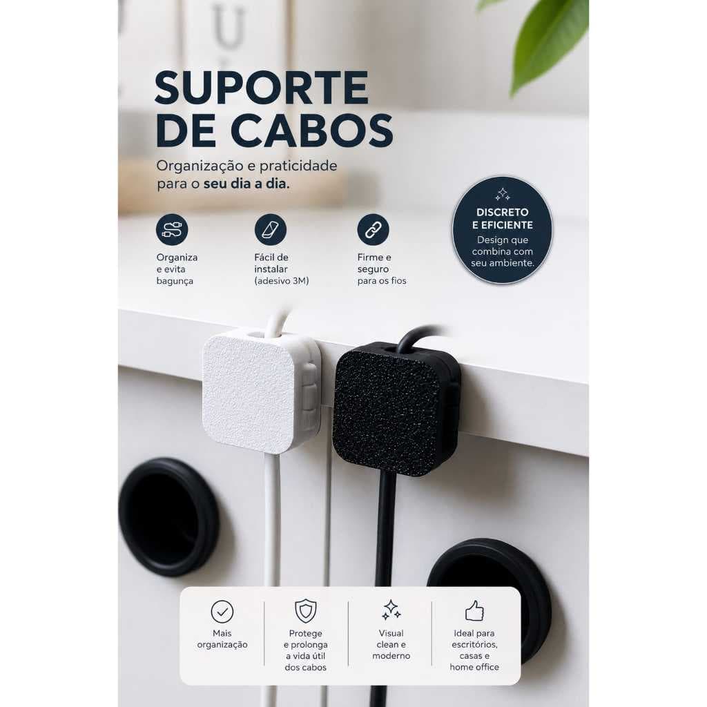 Organizador de Cabos USB com Fita Dupla Face Suporte Passa Fio Autoadesivo