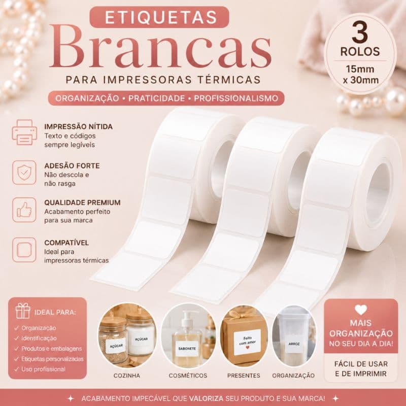 3 Rolos Etiqueta branca 15mm x 30mm para Impressora Térmica | Adesivo de Alta Qualidade para Organização e Identificação