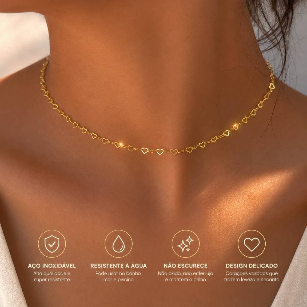 Colar Choker Corações Dourados Delicados Gargantilha Aço Inoxidável Não Enferruja