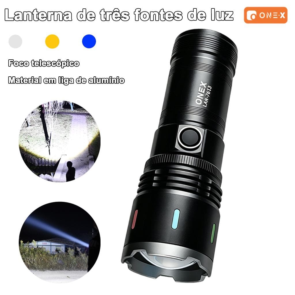 Lanterna de LED triluminosa recarregável, com duração excepcional de até 2 km, ideal para pesca, caça e acampamento