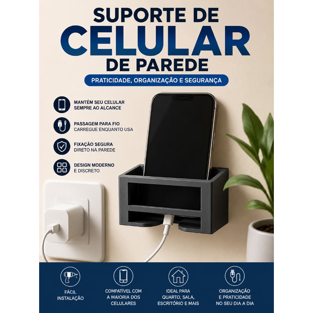 Suporte De Parede Para Celular Controle Remoto Com Espaco Para Fio Acompanha Dupla Face