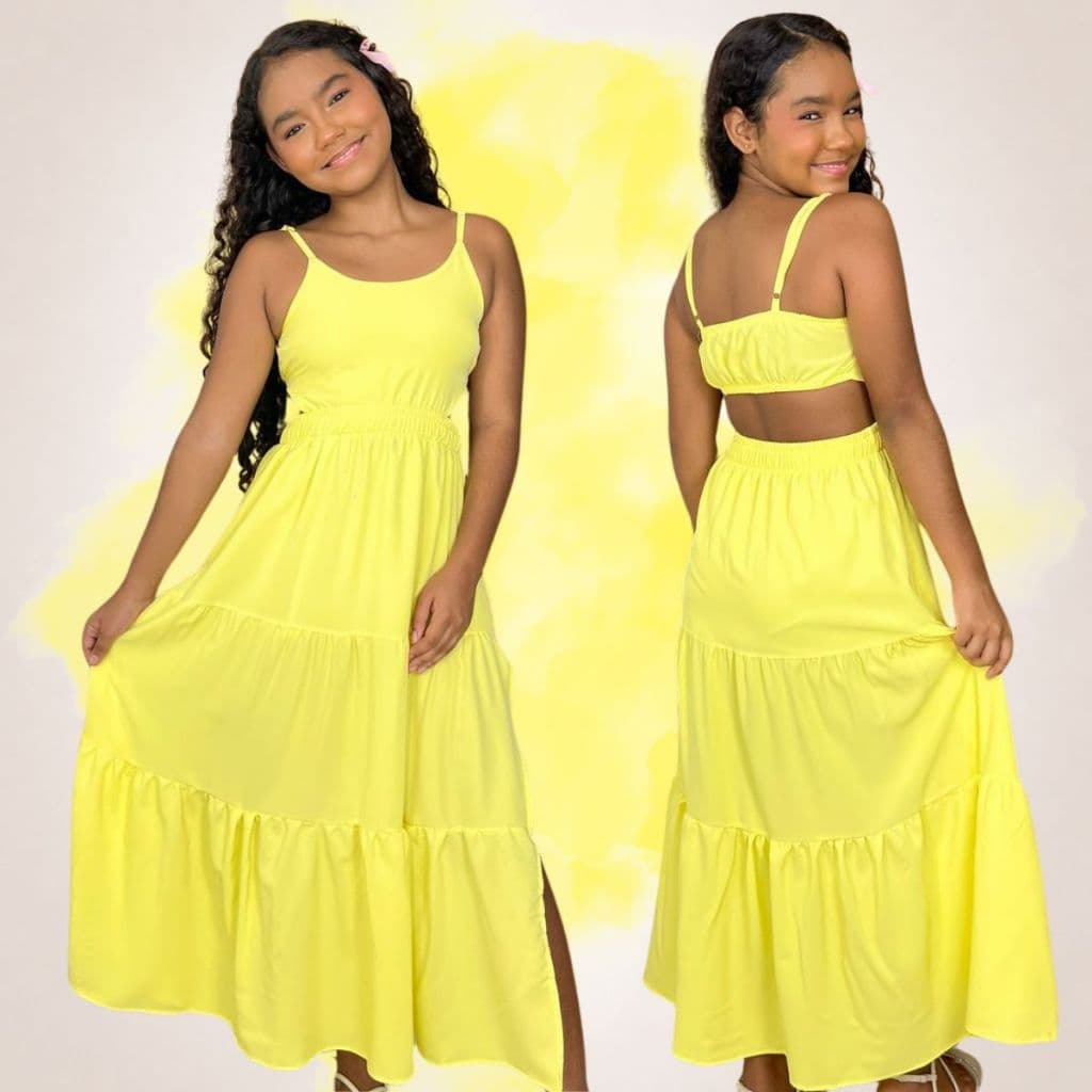 Vestido Infantil Longo Menina Recorte Lateral Alça Fina Lastex Babado Festa Verão