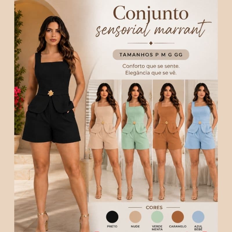 CONJUNTO REGATA E SHORT SENSORIAL MARRANT DETALHE FLOR DOURADO DE METAL