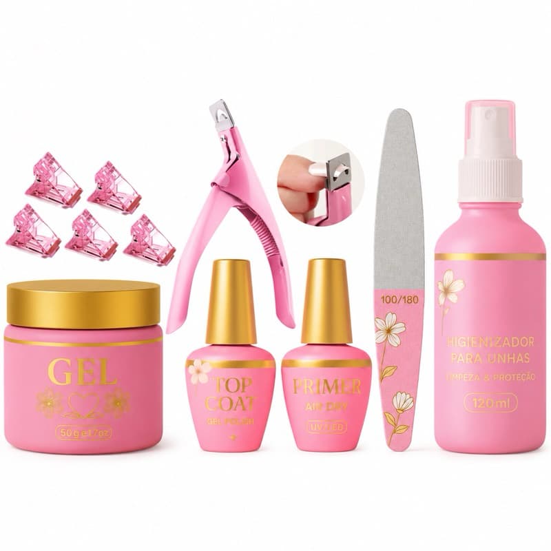 Kit Manicure Top Coat e Primer Preparadores de Unhas em Gel Presilha Alicate de Unha