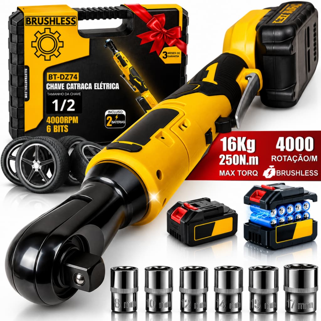 Chave Catraca Elétrica Sem Fio Brushless 1/2 Bateria 4000mAh Forte Profissional Maleta Com Soquetes
