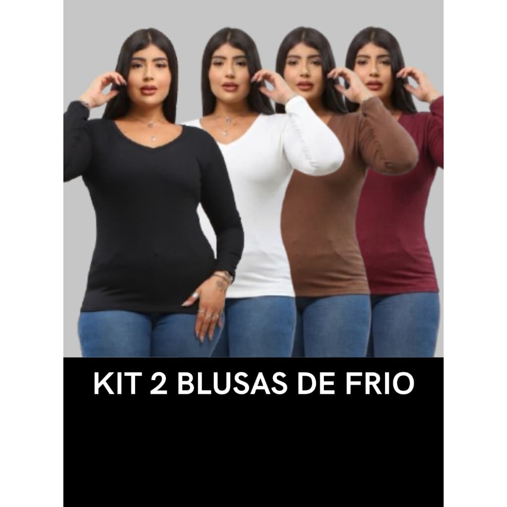Kit 2 Blusas Térmicas Femininas Caneladas Peluciadas Gola V Manga Longa Inverno