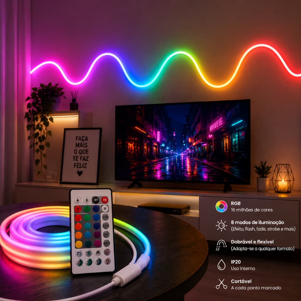 Fita LED Neon Colorida RGB Flexível 5m – Dobrável para Decoração e Letreiros