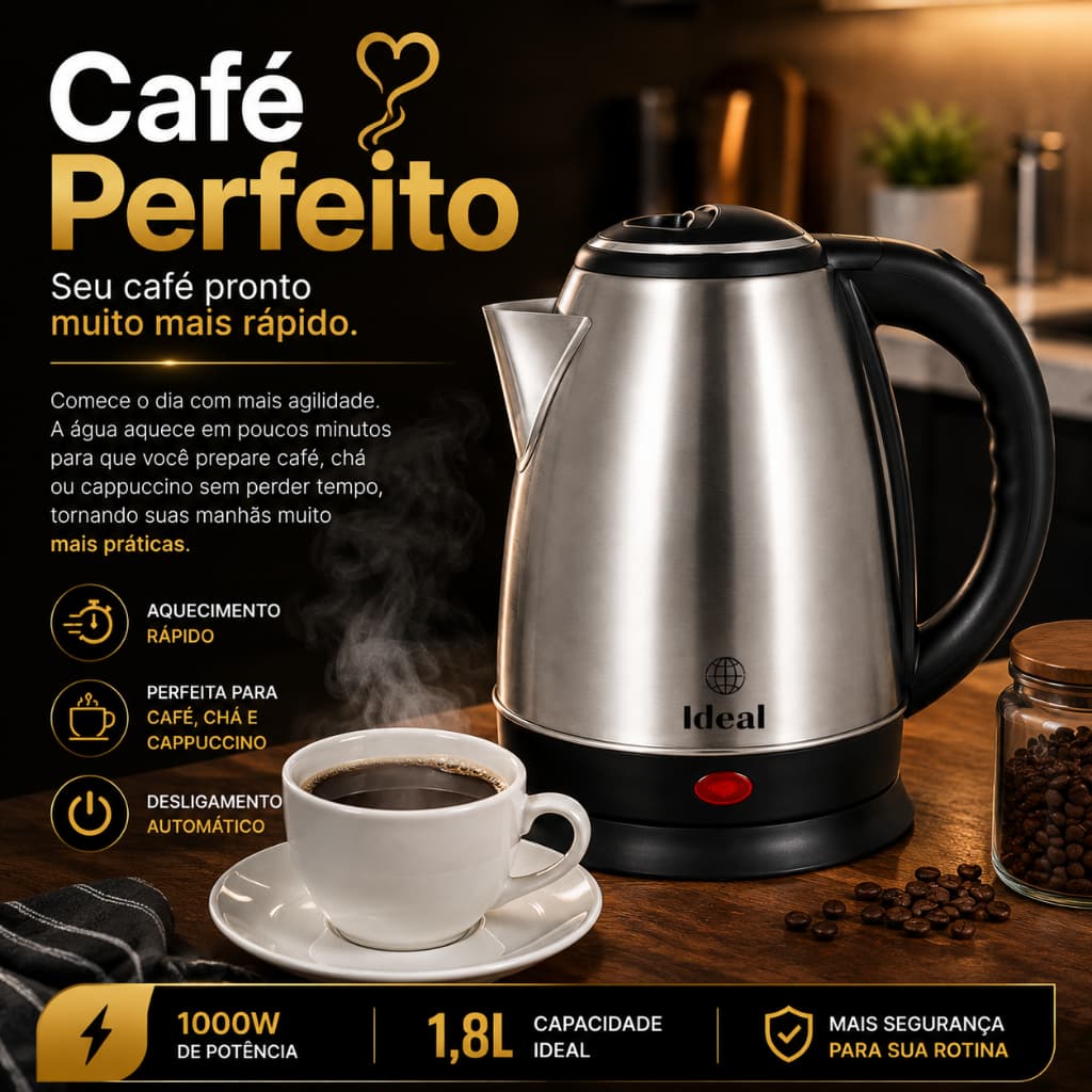 Chaleira Elétrica Inox 1,8L 110V/220V Aquecimento Rápido Desligamento Automático Fervedor de Água para Café Chá