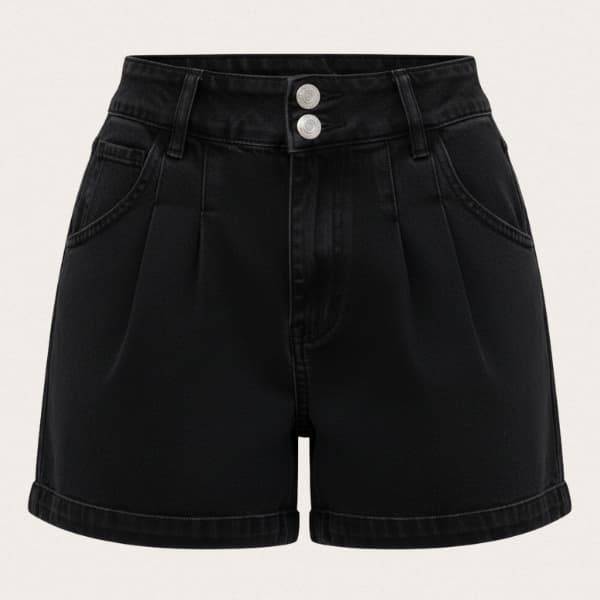 Short Jeans Clochard Preto Feminino Cintura Alta Pinça Barra Dobrada Estilo Atemporal Casual