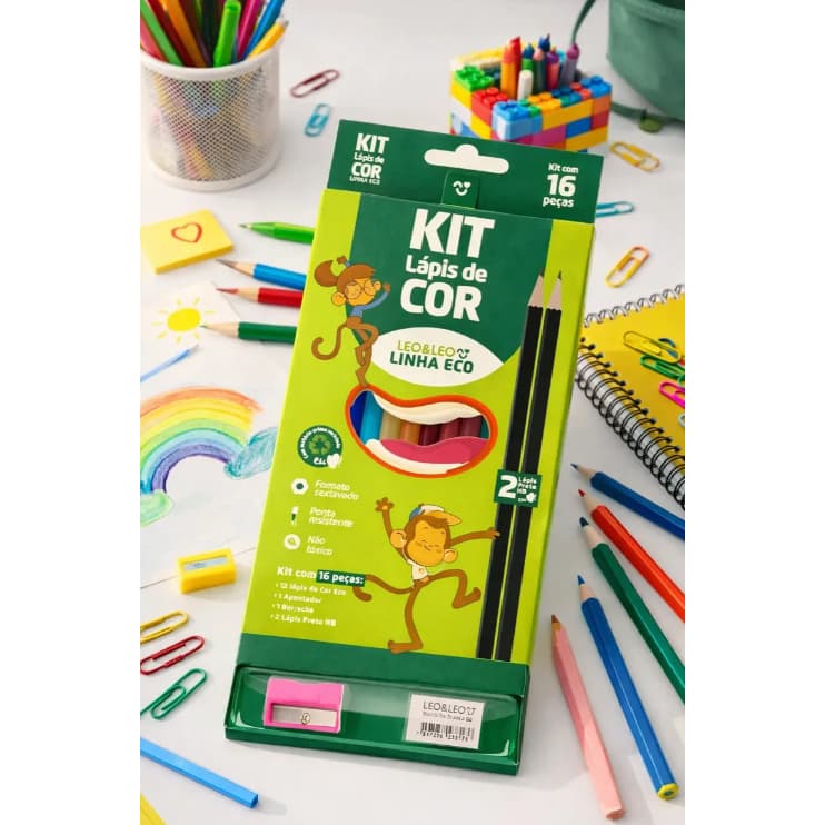 Kit Escolar 16 PEÇAS LEO E LEO  12 CORES Ecologico 2 LÁPIS PRETO ECO HB 1 BORRACHA 1APONTADOR