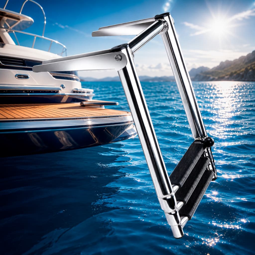 Escada Telescópica Retrátil Prática com 3 Degraus Fabricada em Aço Inox para Barco Lancha Iate e Veleiro