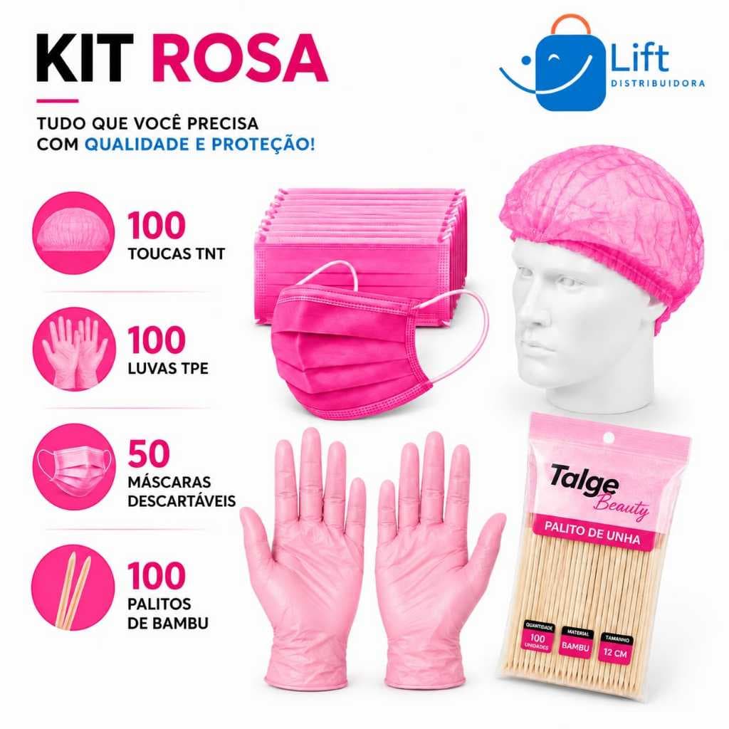 Kit Manicure Palito de Bambu + Máscara + Luva TPE + Touca TNT Tudo Rosa