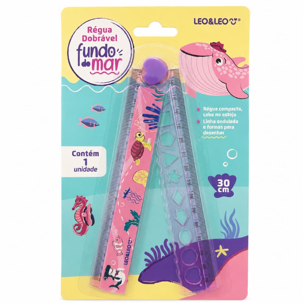 Régua dobrável 30 cm - Leonora - Fundo do mar com formas geométricas  e linha ondulada para desenhar - Meninas