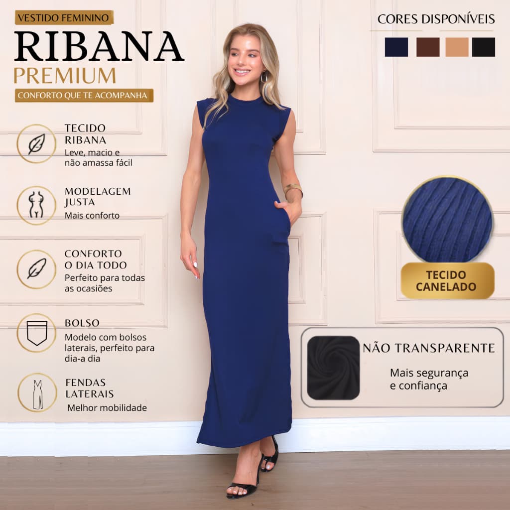 Vestido longo casual basico feminino ribana canelada manga muscle moda gringa preto marrom