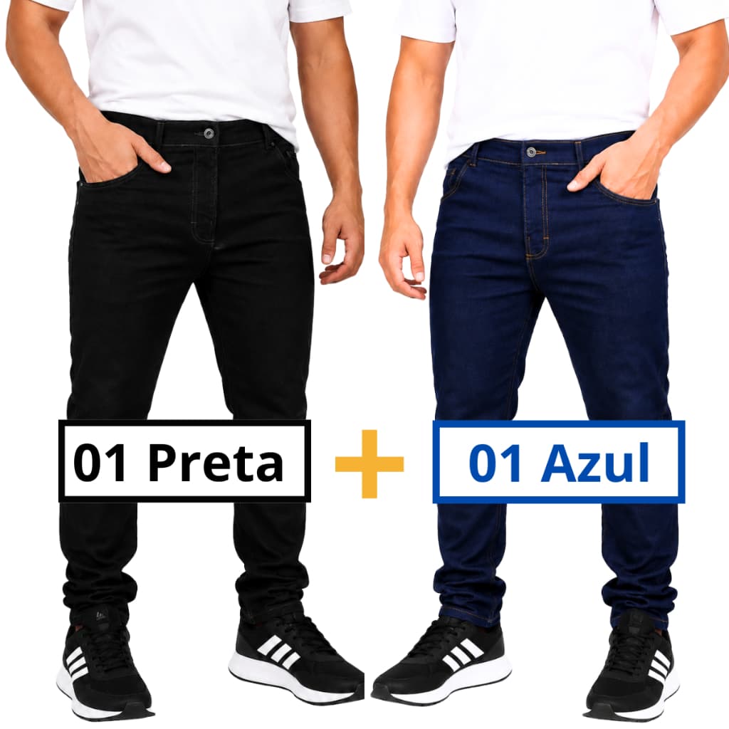 Kit 2 Calças Jeans Masculina Azul e Preta para Trabalho com Elastano Reforçada