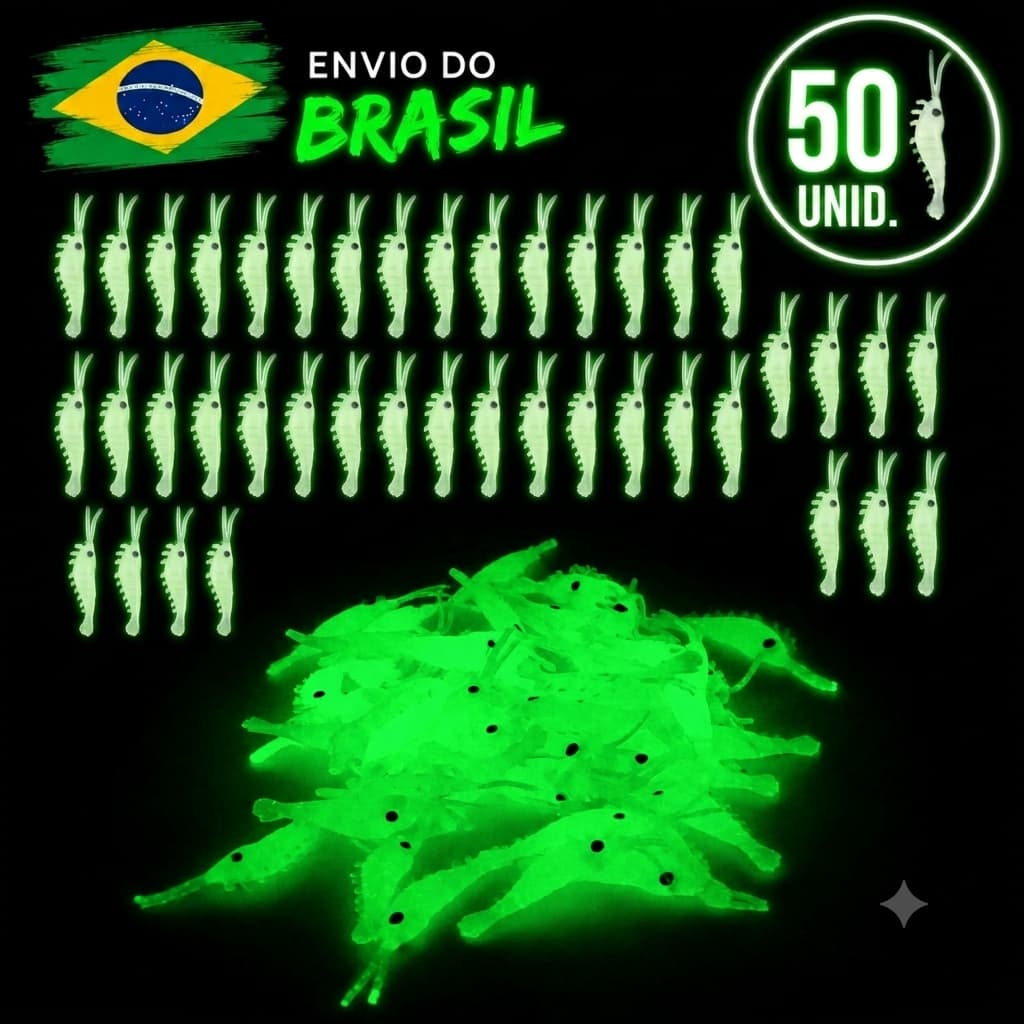 Kit 50 unidades de camarão artificial luminoso (Glow),  pesca em rios, lagos, represas e mar
