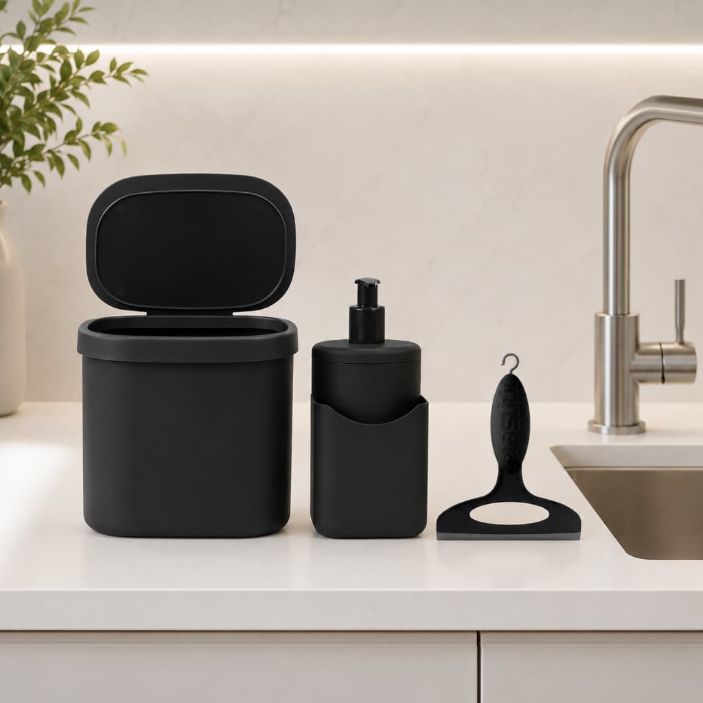Kit Pia Cozinha Completo Dispenser 500ml Lixeira 3,5L Rodinho Organizador Prático