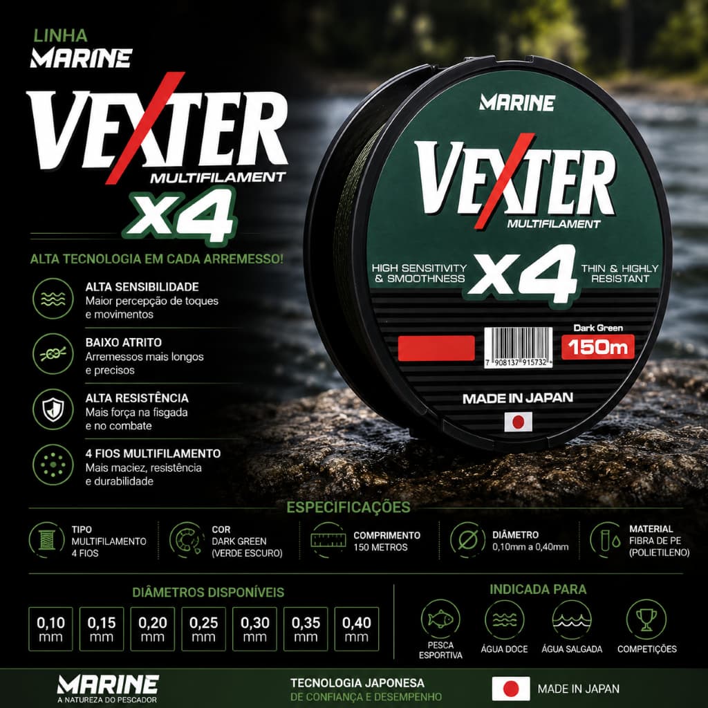 LINHA VEXTER X4 MULT VERDE 30lb 0. 25mm 150m - MARINE