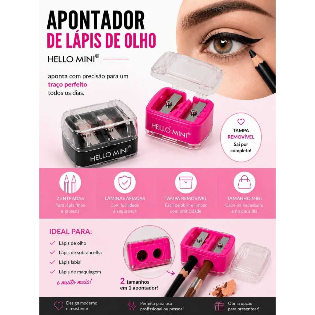 Apontador Duplo para Lápis de Maquiagem Hello Mini com Depósito Lápis de Olho e Boca