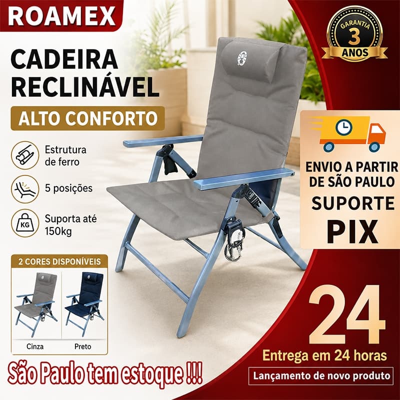 Cadeira Reclinável Dobrável Outdoor Estrutura de Ferro 5 Posições Suporta 150kg Camping Varanda Lazer