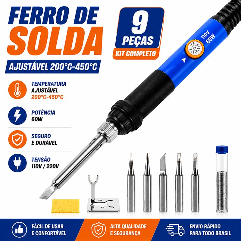 Kit Ferro de Solda 60W Controle de Temperatura Ajustável Acompanha 5 Pontas e Suporte Resistente