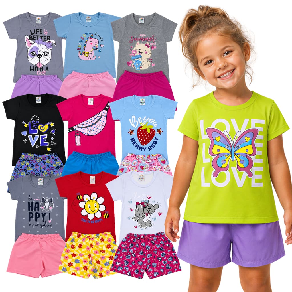 Kit 10 Peças Roupa Verão Infantil Menina Sortido Estampado Camiseta + Shorts 5 Conjuntos