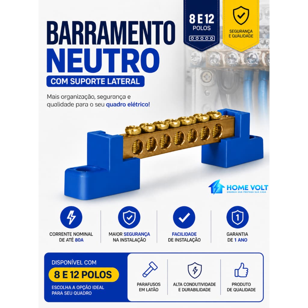 BARRAMENTO NEUTRO COM SUPORTE LATERAL 8 E 12 POLOS PARA QUADRO ELÉTRICO RESIDENCIAL e COMERCIAL DIN!