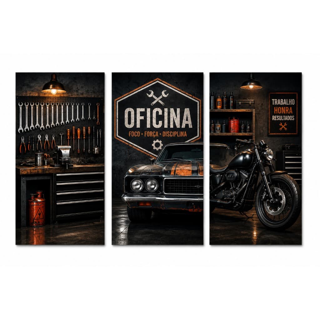 Quadro Decorativo Kit 3 Peças Oficina Mecânica Carros Clássicos e Motos
