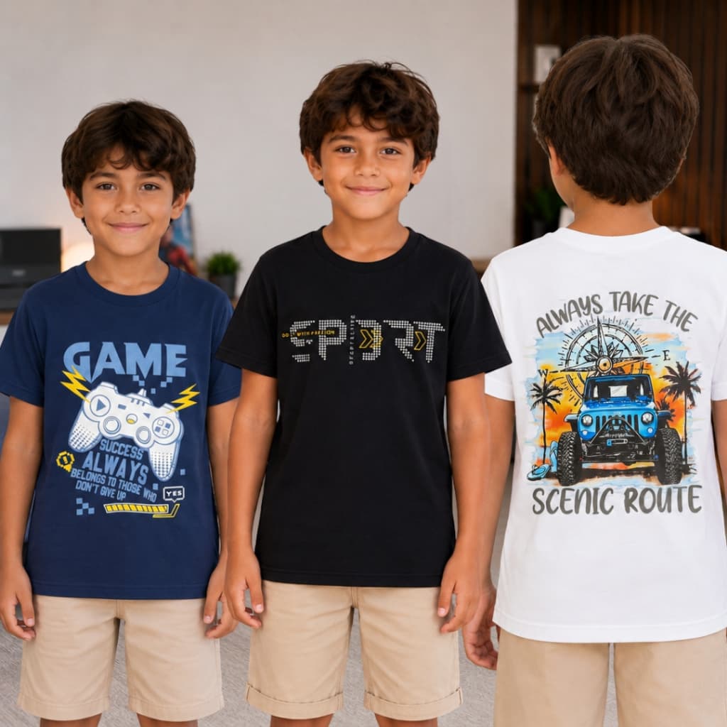 Kit 3 Camisetas Infantil Menino 100% Algodão Manga Curta Estampadas Roupa Infantil