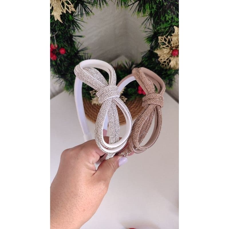 Tiara Infantil Encapada com Dentinhos | Meia Cana Branca e Bronze | Acessório para Cabelo Feminino