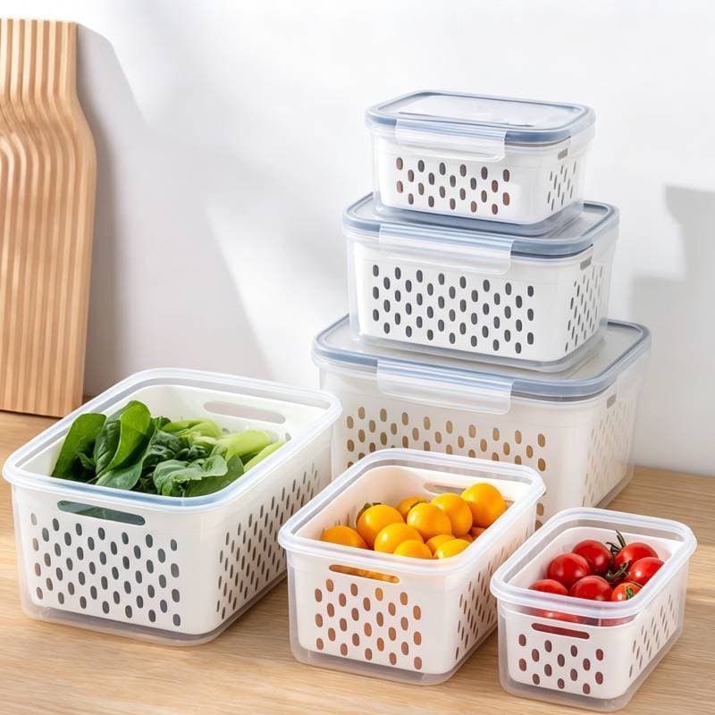 Kit 3 Potes Cestas Conjunto De Caixas Frigoríficas Multifuncional De Cozinha Com tampa e cesto de drenagem
