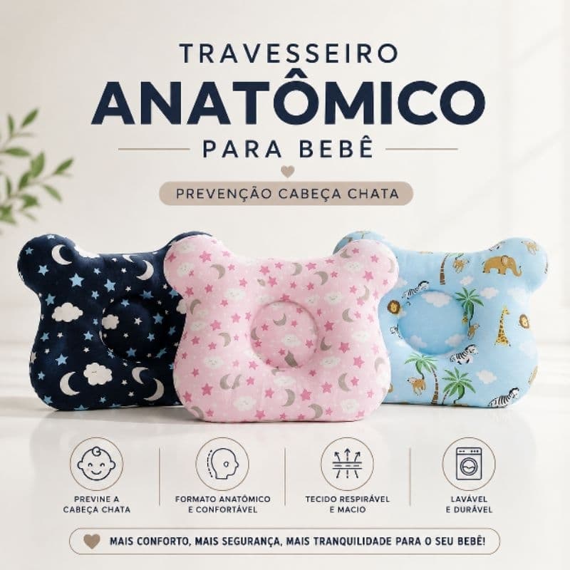 Travesseiro anatômico para bebê, modelador cabeça chata, algodão, antialérgico, macio, estampado