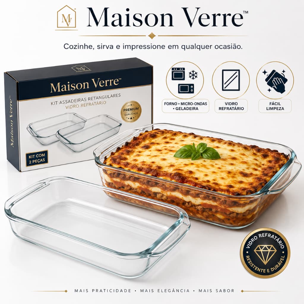 Maison Verre Kit 2 Assadeiras Vidro Refratário Retangular Forno Micro-ondas Premium