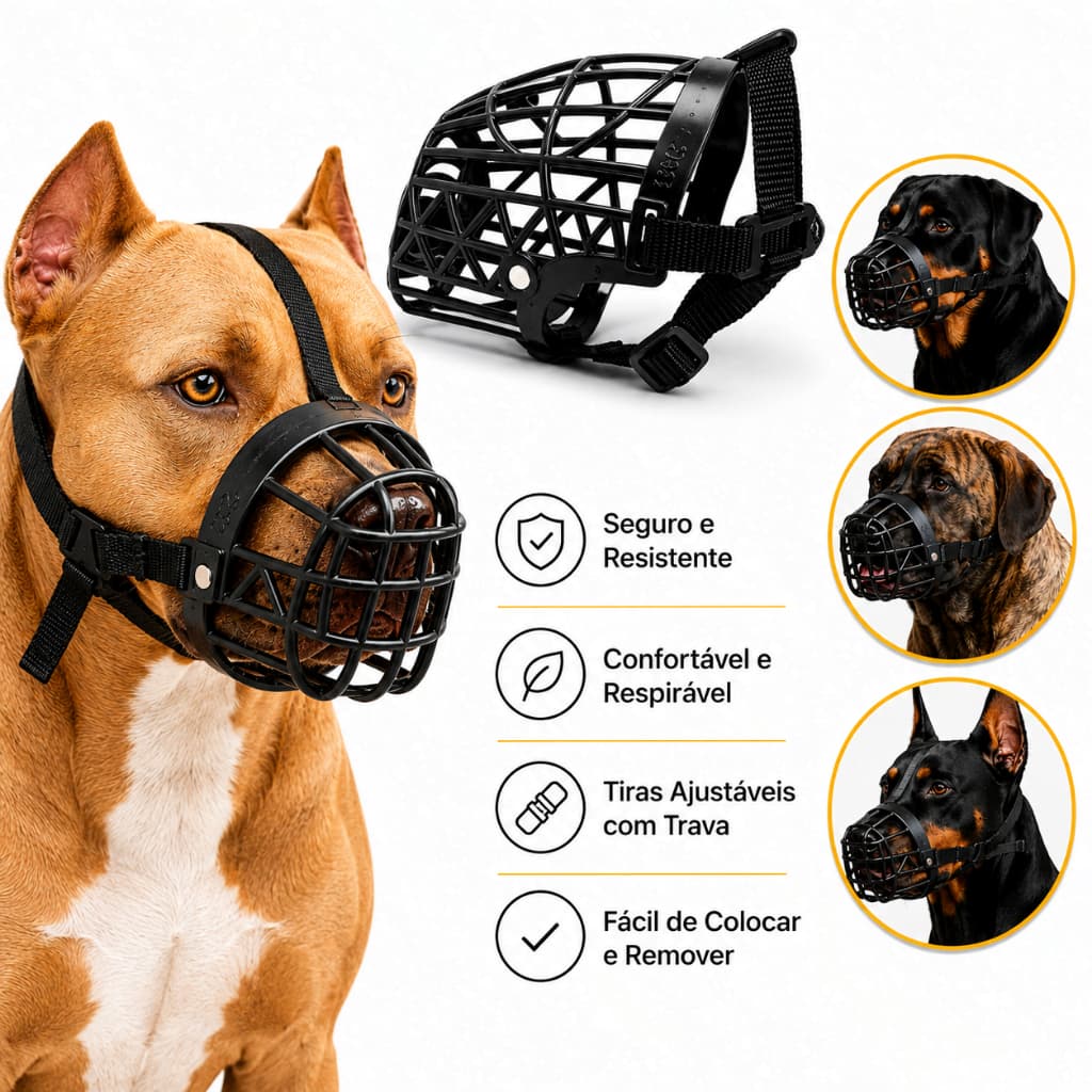 Focinheira para Cães Ajustável Tamanho M Ao G Preto cães médios/grandes Pitbull rotweiller akita (Não atende XG)